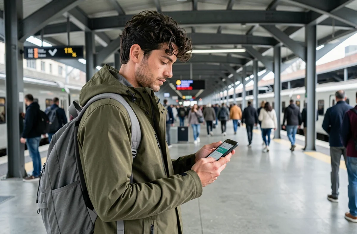 Voyageur en gare utilisant une application de suivi de trajets en temps réel sur mobile