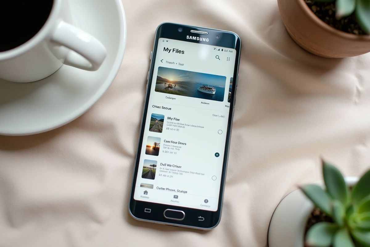 Vue aérienne d'un Samsung Galaxy affichant la corbeille dans l'application Mes fichiers pour supprimer des données