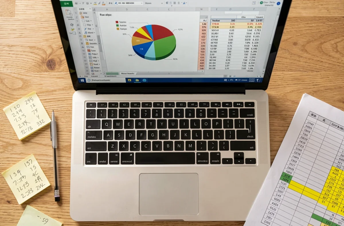 Vue de dessus d'un bureau avec Excel affichant un camembert créé à partir de données brutes désordonnées