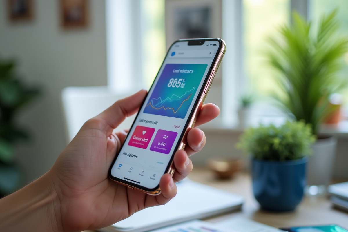 Main tenant un smartphone avec tableau de bord de leads